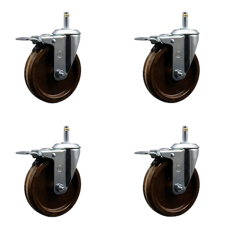 Service Caster 5'' High Temp Phenolic Swivel 7/16'' Stem Caster Set with Total Lock Brake, 4PK SCC-GRTTL20S514-PHRHT-716138-4